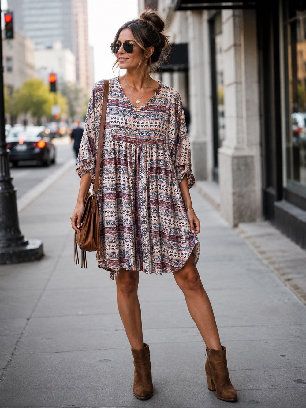 Women's Boho V-Neck Midi Dress in Multi-Stripe